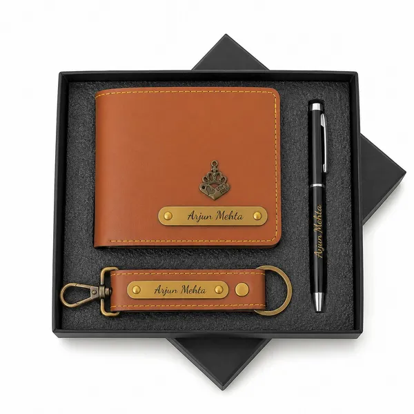 B'CODE_Personalised_Men's_Gift_Combo_(3-Piece_Set)_–_Custom_Name_&_Charm_Leather_Wallet,_Keychain_&_Engraved_Pen