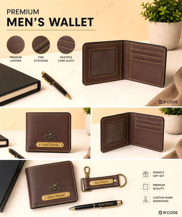B'CODE_Personalised_Men's_Gift_Combo_(3-Piece_Set)_–_Custom_Name_&_Charm_Leather_Wallet,_Keychain_&_Engraved_Pen