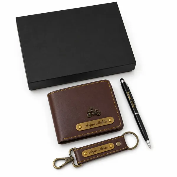 B'CODE_Personalised_Men's_Gift_Combo_(3-Piece_Set)_–_Custom_Name_&_Charm_Leather_Wallet,_Keychain_&_Engraved_Pen