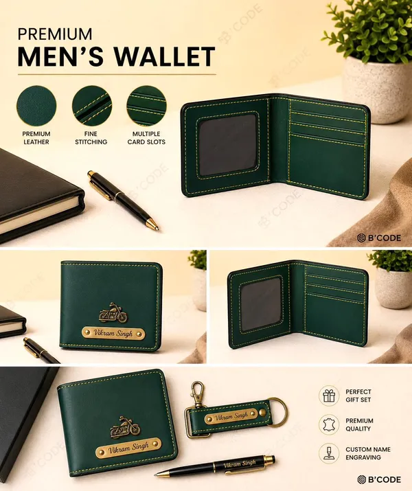 B'CODE_Personalised_Men's_Gift_Combo_(3-Piece_Set)_–_Custom_Name_&_Charm_Leather_Wallet,_Keychain_&_Engraved_Pen