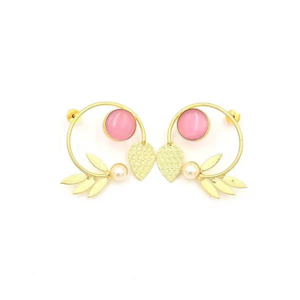 Pink_Brass_Statement_Studs_With_Leaves_And_Pearls_For_Women