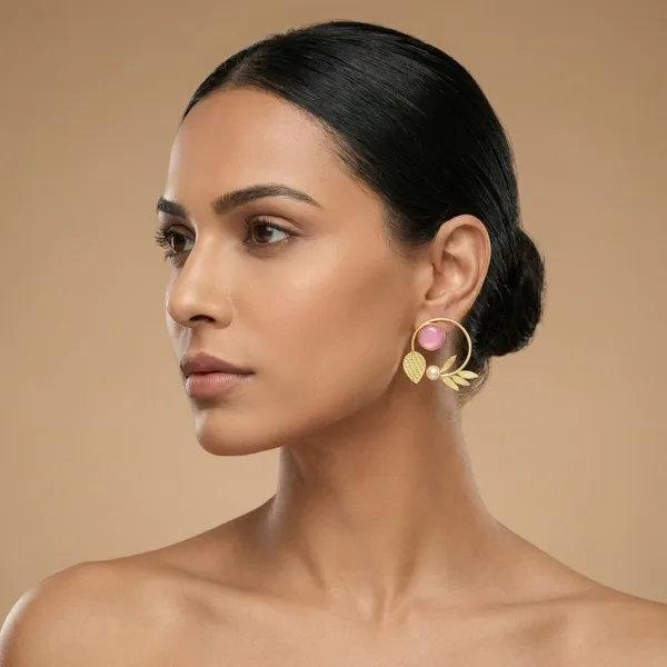 Pink_Brass_Statement_Studs_With_Leaves_And_Pearls_For_Women