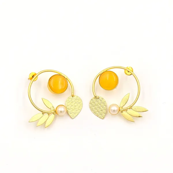 Yellow_Brass_Statement_Studs_With_Leaves_And_Pearls_For_Women