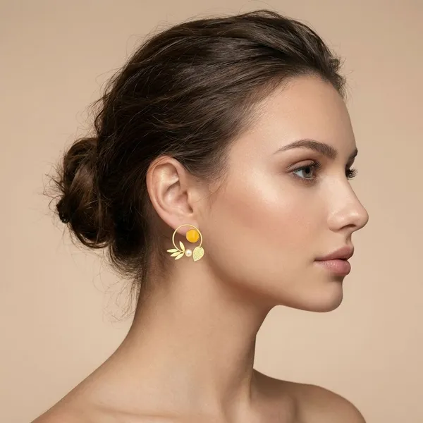 Yellow_Brass_Statement_Studs_With_Leaves_And_Pearls_For_Women