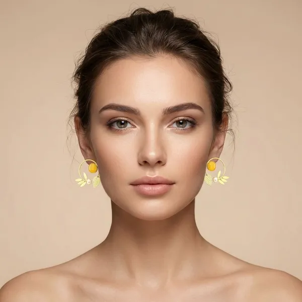Yellow_Brass_Statement_Studs_With_Leaves_And_Pearls_For_Women