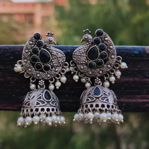Silver_Brass_Oxidized_Peacock_Jhumka_For_Women
