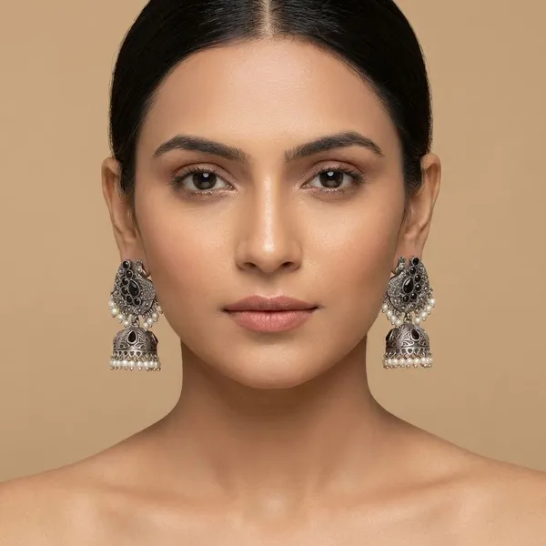 Silver_Brass_Oxidized_Peacock_Jhumka_For_Women