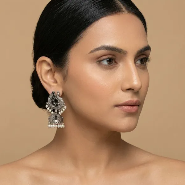 Silver_Brass_Oxidized_Peacock_Jhumka_For_Women