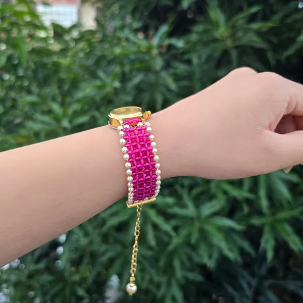 Pink_Check_Pattern_With_Pearls_Beaded_Watch