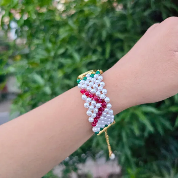 Red_And_Green_Patterned_Pearl_Beaded_Watch