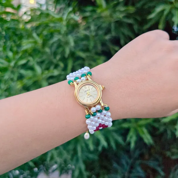 Red_And_Green_Floral_Pearl_Beaded_Watch