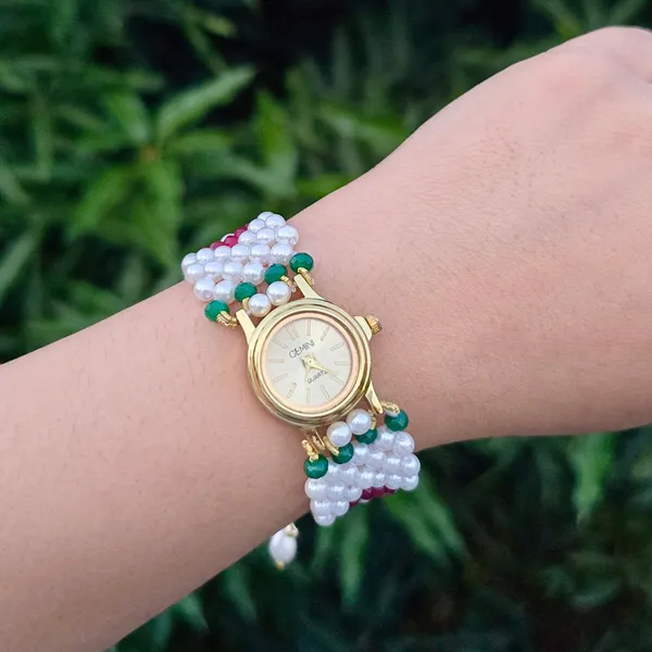Red_And_Green_Floral_Pearl_Beaded_Watch