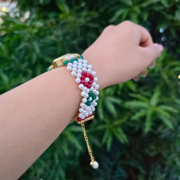 Red_And_Green_Floral_Pearl_Beaded_Watch