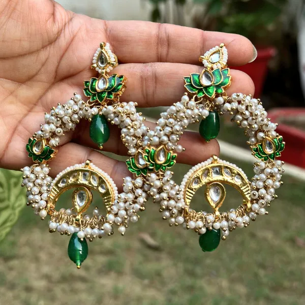 Green_and_White_Brass_Lotus_Bloom_Chandbalis_For_Women