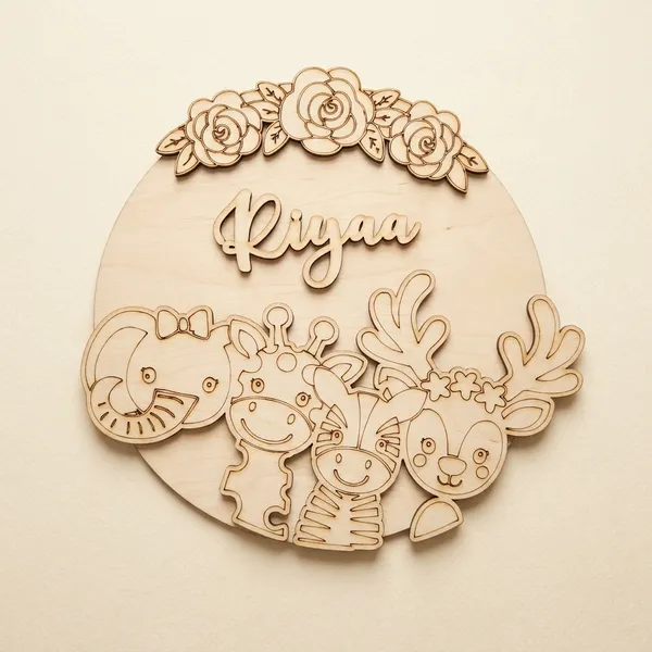 Personalized_Wooden_Name_Plaque_With_Safari_Animals_And_Floral_Design