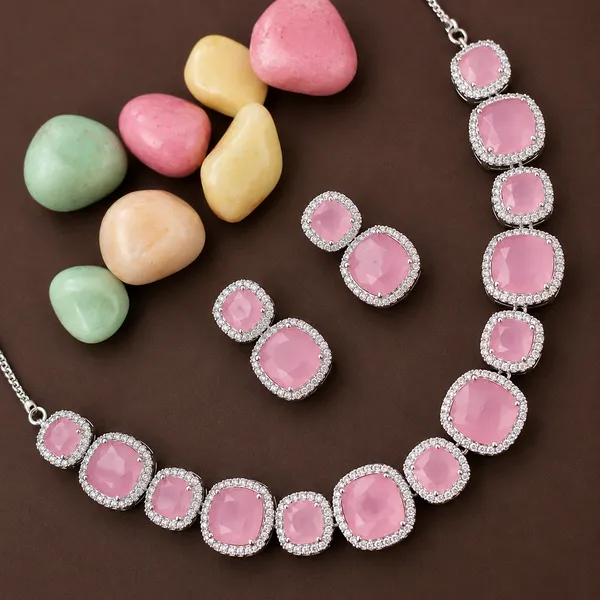 Pink_Stone_Silver_Tone_Rhinestone_Necklace_Set_For_Women