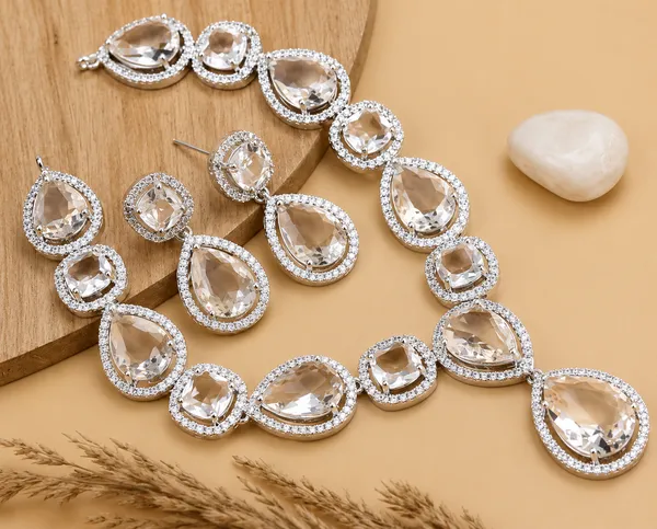 Silver_Clear_Brass_Crystal_Teardrop_Necklace_Set_For_Women