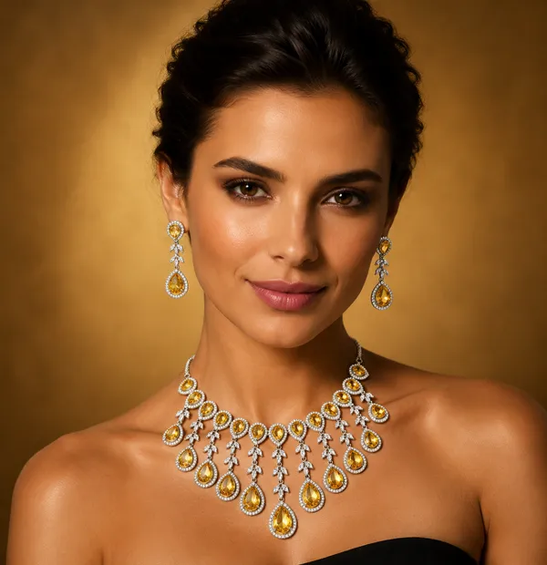 Yellow_Teardrop_Stone_Cascading_Brass_Necklace_Set_For_Women