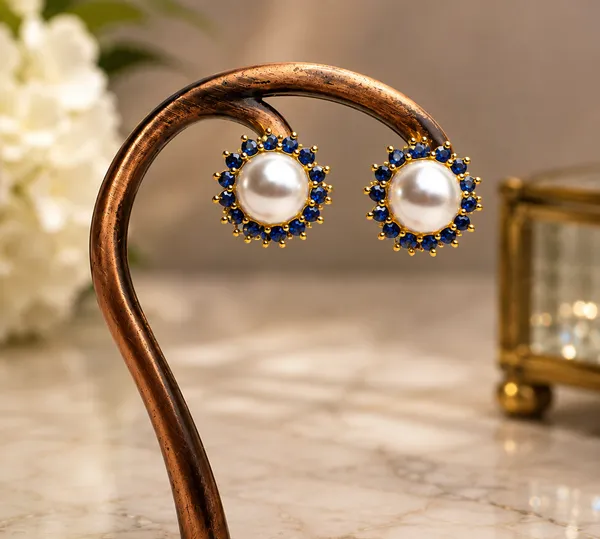 Blue_Gold_Brass_Pearl_Stone_Round_Stud_Earrings_For_Women