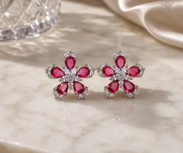 Pink_Floral_Crystal_Stud_Earrings_For_Women