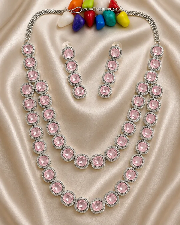 Pink_Silver_Tone_Brass_Round_Stone_Necklace_And_Earrings_Set_For_Women