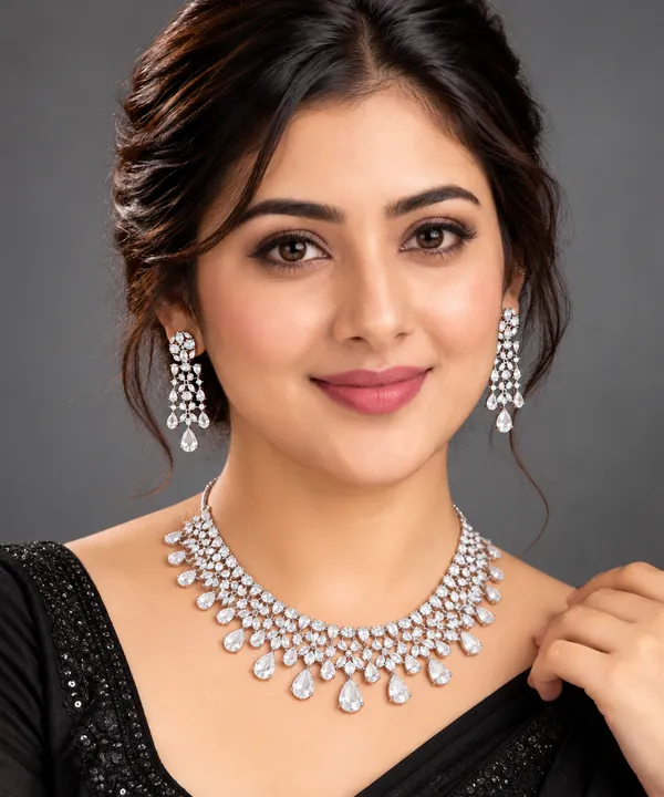 Silver_Clear_Brass_Crystal_Leaf_Necklace_And_Earrings_Set_For_Women