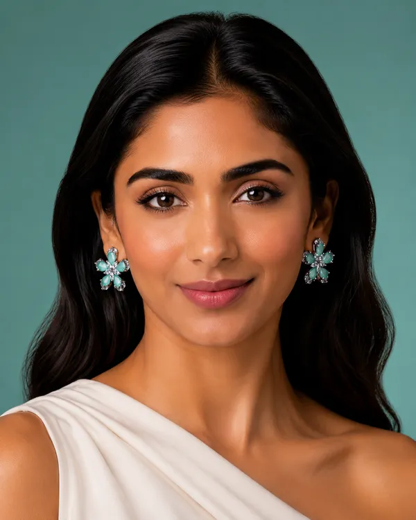 Aqua_Brass_Silver_Tone_Floral_Stud_Earrings_For_Women