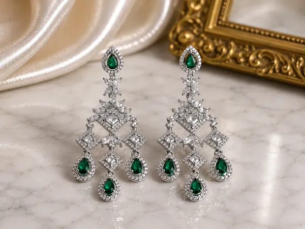 Green_Brass_Silver_Tone_Chandelier_Earrings_For_Women