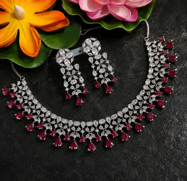 Silver_Red_Brass_Ruby_Teardrop_Stone_Necklace_Set_For_Women