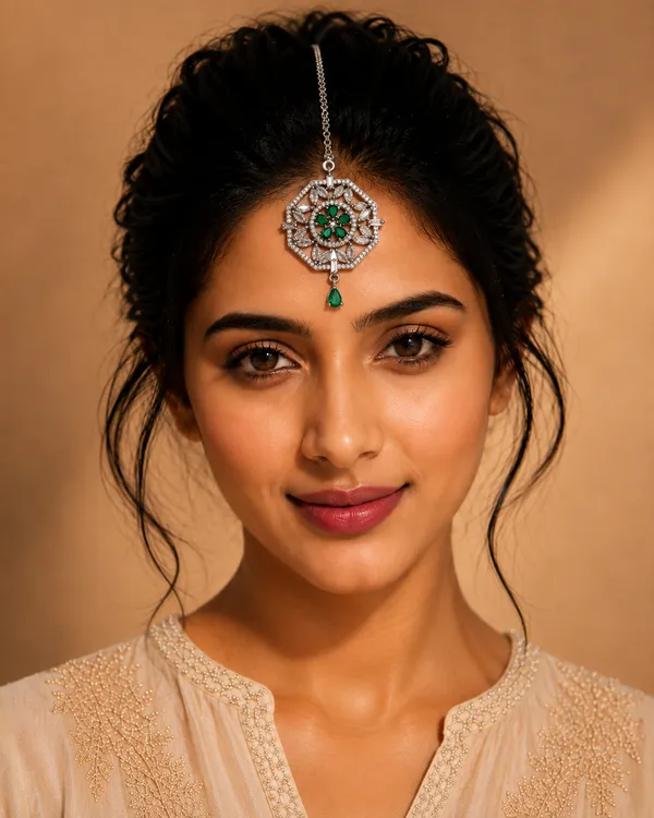 Silver_Tone_Green_Teardrop_Stone_Maang_Tikka_For_Women