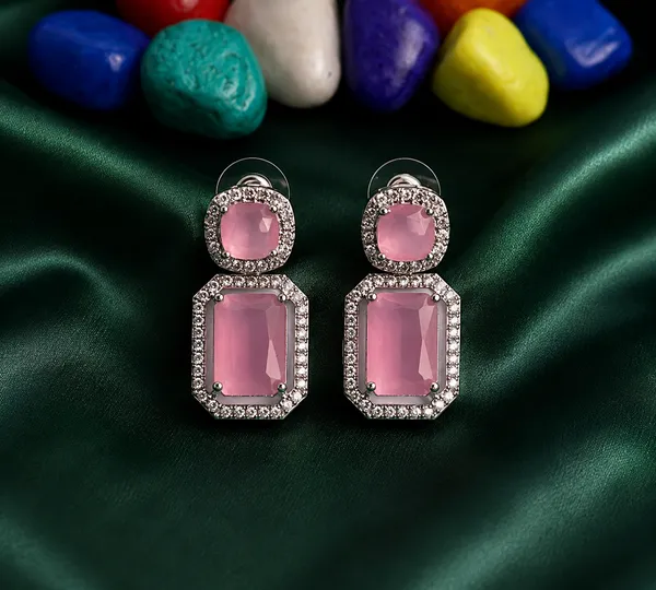 Pink_Rectangular_Stone_Silver_Tone_Drop_Earrings_For_Women