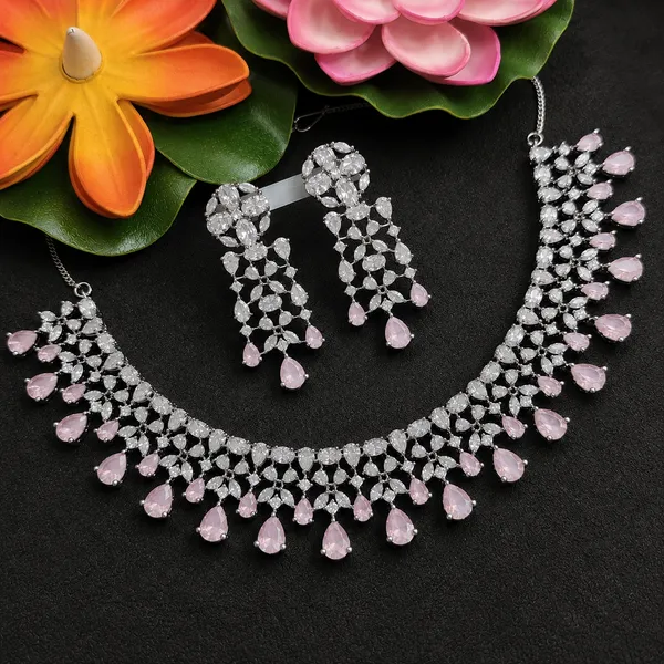 Pink_Silver_Tone_Brass_Crystal_Necklace_Set_For_Women