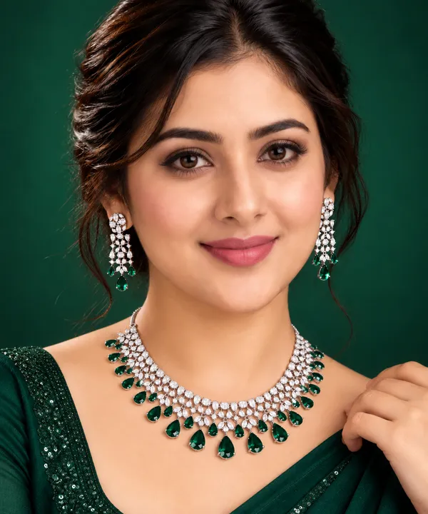 Green_Crystal_Silver_Tone_Floral_Teardrop_Necklace_Set_For_Women