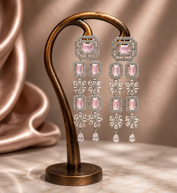 Pink_Stone_Silver_Tone_Three_Layer_Geometric_Necklace_Set_For_Women