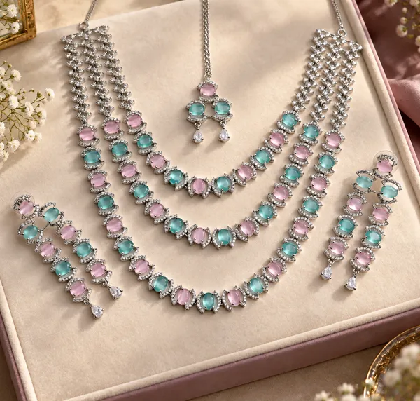 Silver_Brass_Pink_Turquoise_Stone_Layered_Necklace_Set_For_Women