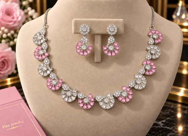 Pink_Stone_Silver_Tone_Floral_Necklace_Set_For_Women