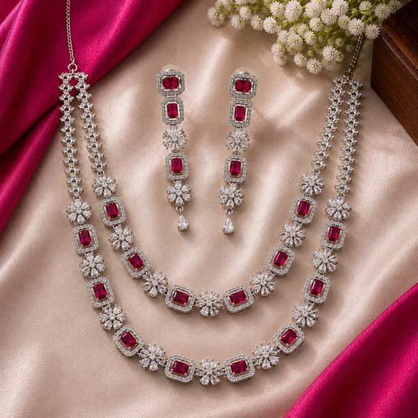 Silver_Red_Brass_Floral_Layered_Necklace_Set_For_Women
