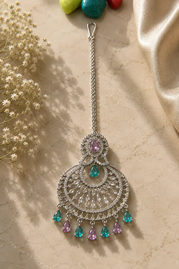 Silver_Brass_Multicolour_Stone_Round_Maang_Tikka_For_Women