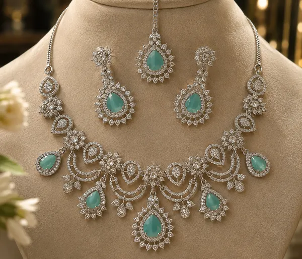 Green_Brass_Teardrop_Floral_Necklace_Earrings_Set_For_Women