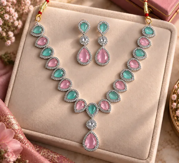 Green_Pink_Stone_Silver_Tone_Teardrop_Necklace_Set_For_Women