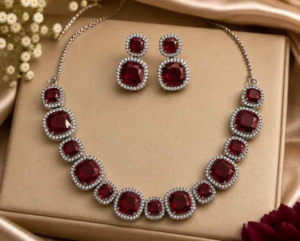 Red_Stone_Silver_Tone_Graduated_Statement_Necklace_Set_For_Women