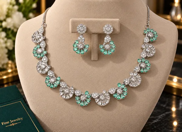 Green_Stone_Silver_Tone_Floral_Cluster_Necklace_Set_For_Women