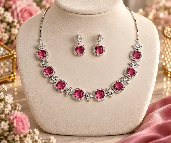 Pink_Brass_Stone_Silver_Tone_Necklace_And_Earrings_Set_For_Women