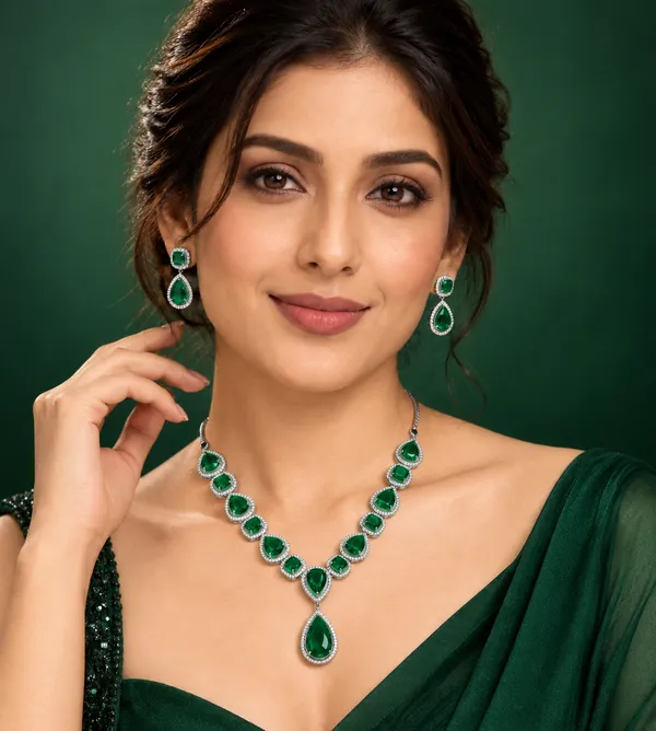 Silver_Tone_Green_Stone_Necklace_And_Earrings_Set_For_Women