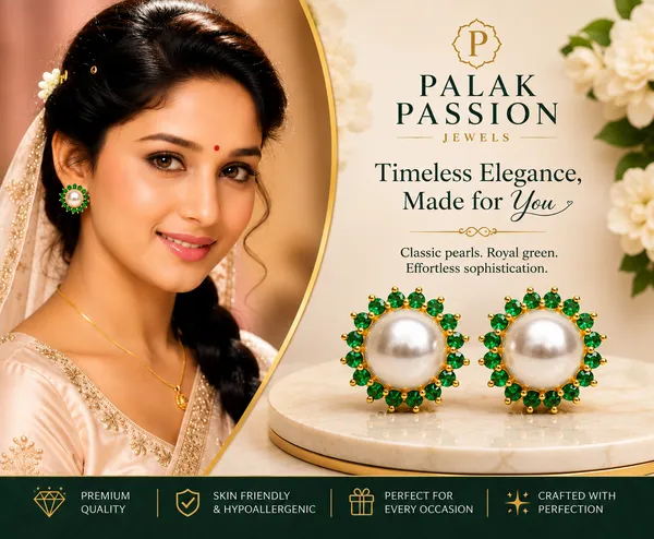 Green_Brass_Gold_Tone_Pearl_Halo_Stud_Earrings_For_Women