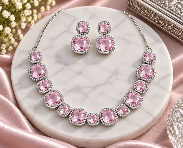 Pink_Brass_Silver_Tone_Linked_Stone_Necklace_And_Earrings_Set_For_Women