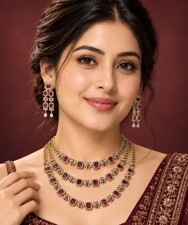 Gold_Tone_Red_Stone_Three_Layer_Floral_Necklace_Set_For_Women