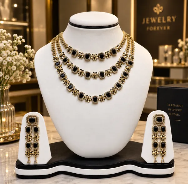 Black_Brass_Gold_Tone_Layered_Necklace_And_Earrings_Set_For_Women