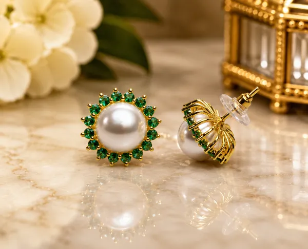 Green_Brass_Gold_Tone_Pearl_Halo_Stud_Earrings_For_Women
