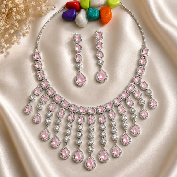 Pink_Silver_Tone_Brass_Layered_Stone_Necklace_Set_For_Women